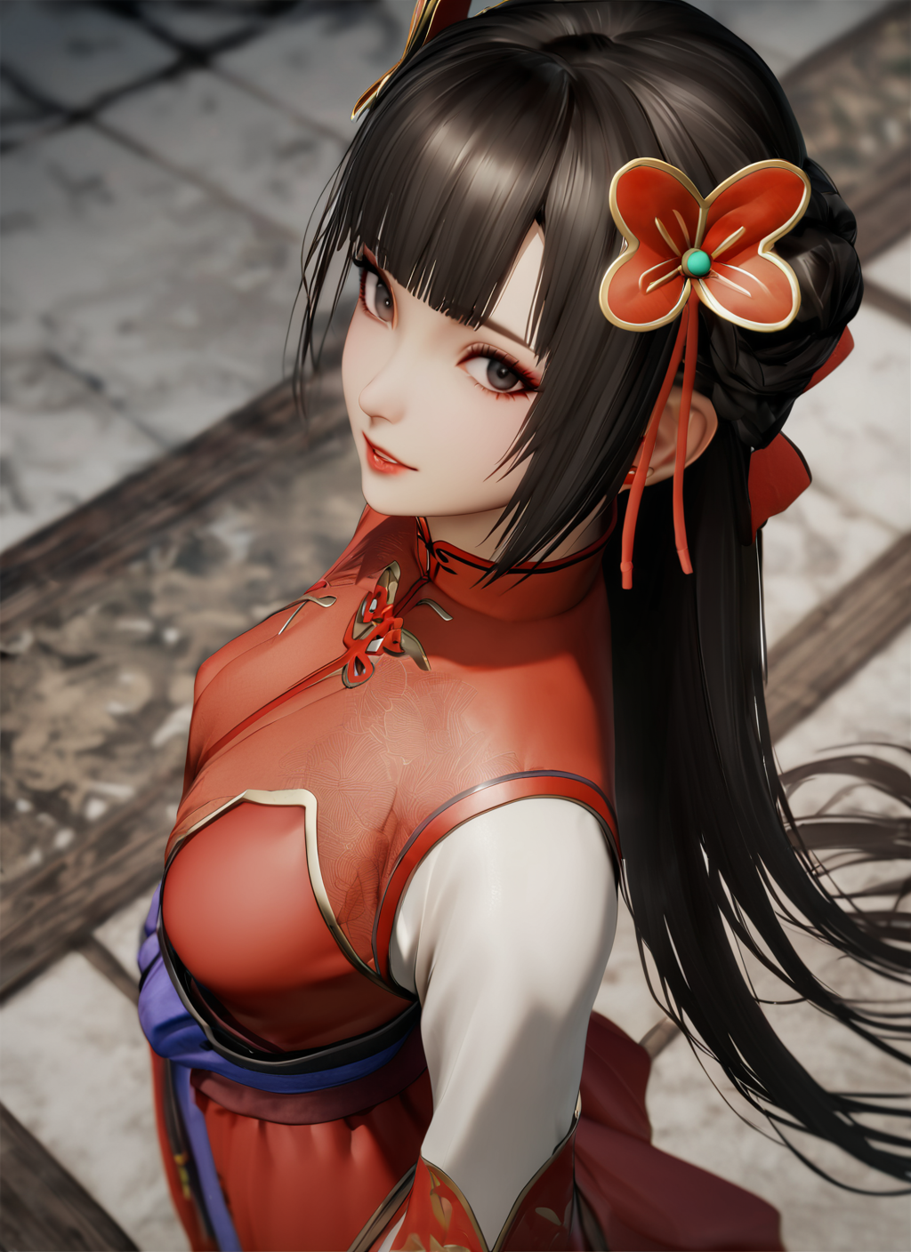 46234-2643455608-masterpiece, best quality, dynasty warriors_daqiao, chinese clothes, red dress, from side, looking at viewer, from above, black.png